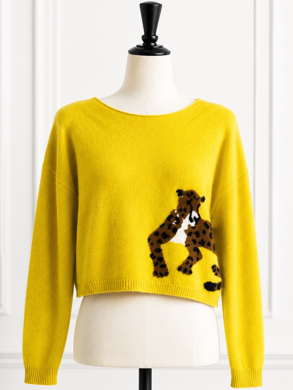 Anthropologie 100% Cashmere Yellow Cropped Crewneck Sweater with Leopard Motif